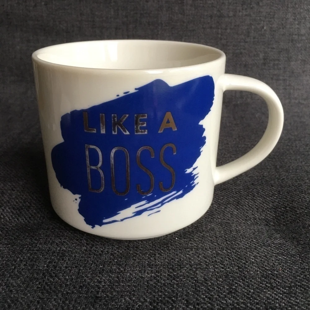 “LIKE A BOSS” Coffee Mug, White, Navy Blue, Gold Foil, 15 oz